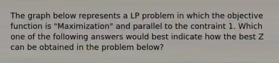 The graph below represents a LP problem in which the objective function is "Maximization" and parallel to the contraint 1. Which one of the following answers would best indicate how the best Z can be obtained in the problem below?