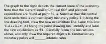 The graph to the right depicts the current state of the economy. Note that the current equilibrium real GDP and planned expenditure are found at point E0. a. Suppose that the central bank undertook a contractionary monetary policy. ​1.) Using the line drawing tool​, draw the new expenditure line. Label this​ line: ​'C+I1​+G+X'. ​2.) Using the point drawing tool​, identify and label the new equilibrium as ​'E1​'. Carefully follow the instructions​ above, and only draw the required objects b. Contractionary monetary policy will _______ interest rates