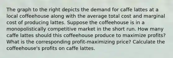 The graph to the right depicts the demand for caffe lattes at a local coffeehouse along with the average total cost and marginal cost of producing lattes. Suppose the coffeehouse is in a monopolistically competitive market in the short run. How many caffe lattes should this coffeehouse produce to maximize​ profits? What is the corresponding​ profit-maximizing price? Calculate the​ coffeehouse's profits on caffe lattes.