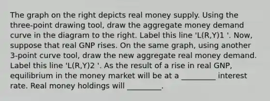 The graph on the right depicts real money supply. Using the​ three-point drawing tool​, draw the aggregate money demand curve in the diagram to the right. Label this line ​'L(R,Y)1​ '. ​Now, suppose that real GNP rises. On the same​ graph, using another​ 3-point curve tool​, draw the new aggregate real money demand. Label this line ​'L(R,Y)2​ '. As the result of a rise in real​ GNP, equilibrium in the money market will be at a _________ interest rate. Real money holdings will _________.