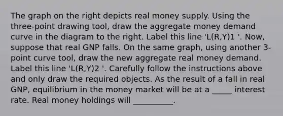 The graph on the right depicts real money supply. Using the​ three-point drawing tool​, draw the aggregate money demand curve in the diagram to the right. Label this line ​'L(R,Y)1​ '. ​Now, suppose that real GNP falls. On the same​ graph, using another​ 3-point curve tool​, draw the new aggregate real money demand. Label this line ​'L(R,Y)2​ '. Carefully follow the instructions above and only draw the required objects. As the result of a fall in real​ GNP, equilibrium in the money market will be at a _____ interest rate. Real money holdings will __________.