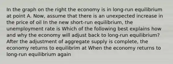 In the graph on the right the economy is in​ long-run equilibrium at point A. ​Now, assume that there is an unexpected increase in the price of oil In the new​ short-run equilibrium, the unemployment rate is Which of the following best explains how and why the economy will adjust back to​ long-run equilibrium? After the adjustment of aggregate supply is​ complete, the economy returns to equilibrim at When the economy returns to​ long-run equilibrium again