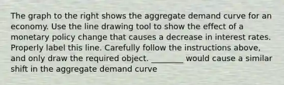 The graph to the right shows the aggregate demand curve for an economy. Use the line drawing tool to show the effect of a monetary policy change that causes a decrease in interest rates. Properly label this line. Carefully follow the instructions​ above, and only draw the required object. ________ would cause a similar shift in the aggregate demand curve