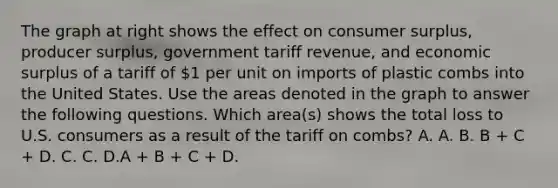 The graph at right shows the effect on consumer​ surplus, producer​ surplus, government tariff​ revenue, and economic surplus of a tariff of​ 1 per unit on imports of plastic combs into the United States. Use the areas denoted in the graph to answer the following questions. Which​ area(s) shows the total loss to U.S. consumers as a result of the tariff on​ combs? A. A. B. B​ + C​ + D. C. C. D.A​ + B​ + C​ + D.