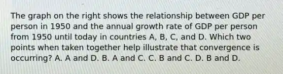 The graph on the right shows the relationship between GDP per person in 1950 and the annual growth rate of GDP per person from 1950 until today in countries​ A, B,​ C, and D. Which two points when taken together help illustrate that convergence is​ occurring? A. A and D. B. A and C. C. B and C. D. B and D.