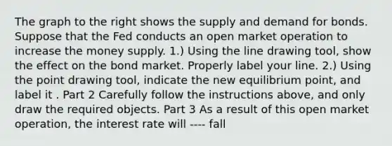 The graph to the right shows the supply and demand for bonds. Suppose that the Fed conducts an open market operation to increase the money supply. ​1.) Using the line drawing tool​, show the effect on the bond market. Properly label your line. ​2.) Using the point drawing tool​, indicate the new equilibrium​ point, and label it . Part 2 Carefully follow the instructions​ above, and only draw the required objects. Part 3 As a result of this open market​ operation, the interest rate will ---- fall