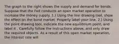 The graph to the right shows the supply and demand for bonds. Suppose that the Fed conducts an open market operation to increase the money supply. ​1.) Using the line drawing tool​, show the effect on the bond market. Properly label your line. ​2.) Using the point drawing tool​, indicate the new equilibrium​ point, and label it . Carefully follow the instructions​ above, and only draw the required objects. As a result of this open market​ operation, the interest rate will