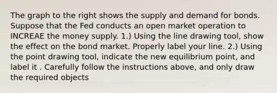 The graph to the right shows the supply and demand for bonds. Suppose that the Fed conducts an open market operation to INCREAE the money supply. ​1.) Using the line drawing tool​, show the effect on the bond market. Properly label your line. ​2.) Using the point drawing tool​, indicate the new equilibrium​ point, and label it . Carefully follow the instructions​ above, and only draw the required objects