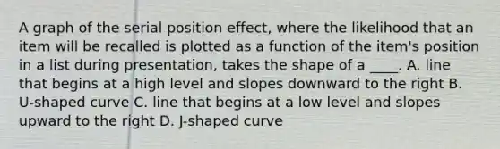 A graph of the serial position effect, where the likelihood that an item will be recalled is plotted as a function of the item's position in a list during presentation, takes the shape of a ____. A. line that begins at a high level and slopes downward to the right B. U-shaped curve C. line that begins at a low level and slopes upward to the right D. J-shaped curve