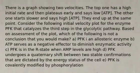 There is a graph showing two velocities. The top one has a high initial rate and then plateaus early and says low [ATP]. The other one starts slower and says high [ATP]. They end up at the same point. Consider the following initial velocity plot for the enzyme PFK that catalyzes the third step in the glycolytic pathway. Based on assessment of the plot, which of the following is not a conclusion that you would make? a) PFK i an allosteric enzyme b) ATP serves as a negative effector to diminish enzymatic activity c) PFK is in the R-state when AMP levels are high d) PFK undergoes a quaternary shift between two stable confirmations that are dictated by the energy status of the cell e) PFK is covalently modified by phosphorylation