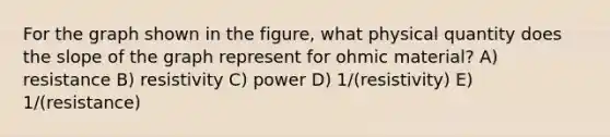For the graph shown in the figure, what physical quantity does the slope of the graph represent for ohmic material? A) resistance B) resistivity C) power D) 1/(resistivity) E) 1/(resistance)