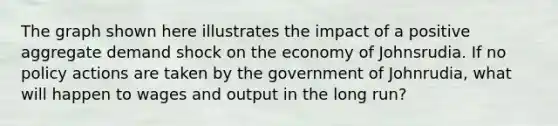 The graph shown here illustrates the impact of a positive aggregate demand shock on the economy of Johnsrudia. If no policy actions are taken by the government of Johnrudia, what will happen to wages and output in the long run?