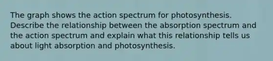 The graph shows the action spectrum for photosynthesis. Describe the relationship between the absorption spectrum and the action spectrum and explain what this relationship tells us about light absorption and photosynthesis.