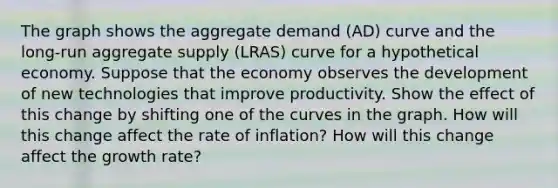 The graph shows the aggregate demand (AD) curve and the long‑run aggregate supply (LRAS) curve for a hypothetical economy. Suppose that the economy observes the development of new technologies that improve productivity. Show the effect of this change by shifting one of the curves in the graph. How will this change affect the rate of inflation? How will this change affect the growth rate?