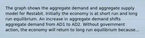 The graph shows the aggregate demand and aggregate supply model for Restabit. Initially the economy is at short run and long run equilibrium. An increase in aggregate demand shifts aggregate demand from AD1 to AD2. Without government action, the economy will return to long run equilibrium because...