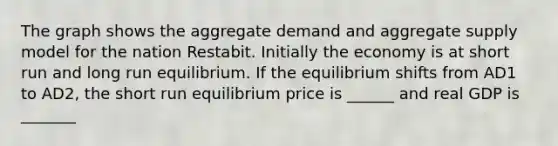 The graph shows the aggregate demand and aggregate supply model for the nation Restabit. Initially the economy is at short run and long run equilibrium. If the equilibrium shifts from AD1 to AD2, the short run equilibrium price is ______ and real GDP is _______