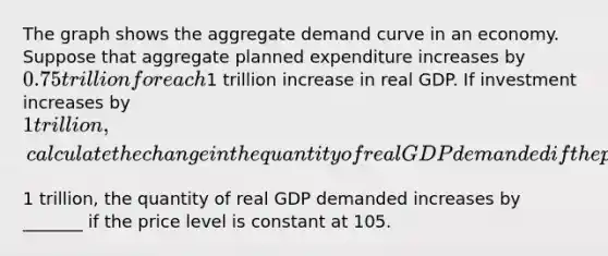 The graph shows the aggregate demand curve in an economy. Suppose that aggregate planned expenditure increases by​ 0.75 trillion for each​1 trillion increase in real GDP. If investment increases by​ 1 trillion, calculate the change in the quantity of real GDP demanded if the price level is constant at 105. If investment increases by​1 trillion, the quantity of real GDP demanded increases by​ _______ if the price level is constant at 105.