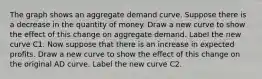 The graph shows an aggregate demand curve. Suppose there is a decrease in the quantity of money. Draw a new curve to show the effect of this change on aggregate demand. Label the new curve C1. Now suppose that there is an increase in expected profits. Draw a new curve to show the effect of this change on the original AD curve. Label the new curve C2.