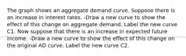 The graph shows an aggregate demand curve. Suppose there is an increase in interest rates. -Draw a new curve to show the effect of this change on aggregate demand. Label the new curve C1. Now suppose that there is an increase in expected future income. -Draw a new curve to show the effect of this change on the original AD curve. Label the new curve C2.