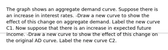 The graph shows an aggregate demand curve. Suppose there is an increase in interest rates. -Draw a new curve to show the effect of this change on aggregate demand. Label the new curve C1. Now suppose that there is an increase in expected future income. -Draw a new curve to show the effect of this change on the original AD curve. Label the new curve C2.