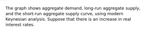 The graph shows aggregate​ demand, long-run aggregate​ supply, and the​ short-run aggregate supply​ curve, using modern Keynesian analysis. Suppose that there is an increase in real interest rates.