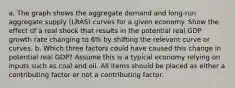 a. The graph shows the aggregate demand and long‑run aggregate supply (LRAS) curves for a given economy. Show the effect of a real shock that results in the potential real GDP growth rate changing to 6% by shifting the relevant curve or curves. b. Which three factors could have caused this change in potential real GDP? Assume this is a typical economy relying on inputs such as coal and oil. All items should be placed as either a contributing factor or not a contributing factor.