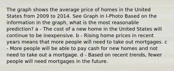 The graph shows the average price of homes in the United States from 2009 to 2014. See Graph in I-Photo Based on the information in the graph, what is the most reasonable prediction? a - The cost of a new home in the United States will continue to be inexpensive. b - Rising home prices in recent years means that more people will need to take out mortgages. c - More people will be able to pay cash for new homes and not need to take out a mortgage. d - Based on recent trends, fewer people will need mortgages in the future.