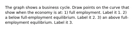 The graph shows a business cycle. Draw points on the curve that show when the economy is​ at: ​1) full employment. Label it 1. ​2) a below​ full-employment equilibrium. Label it 2. ​3) an above​ full-employment equilibrium. Label it 3.