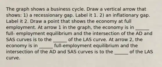 The graph shows a business cycle. Draw a vertical arrow that​ shows: ​1) a recessionary gap. Label it 1. ​2) an inflationary gap. Label it 2. Draw a point that shows the economy at full employment. At arrow 1 in the​ graph, the economy is in​ ______ full- employment equilibrium and the intersection of the AD and SAS curves is to the​ ______ of the LAS curve. At arrow​ 2, the economy is in​ ______ full-employment equilibrium and the intersection of the AD and SAS curves is to the​ ______ of the LAS curve.