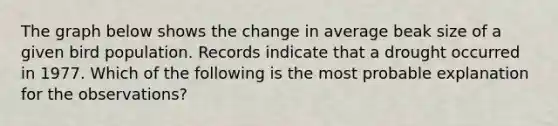The graph below shows the change in average beak size of a given bird population. Records indicate that a drought occurred in 1977. Which of the following is the most probable explanation for the observations?