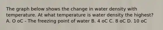 The graph below shows the change in water density with temperature. At what temperature is water density the highest? A. O oC - The freezing point of water B. 4 oC C. 8 oC D. 10 oC