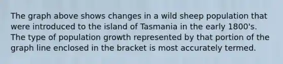 The graph above shows changes in a wild sheep population that were introduced to the island of Tasmania in the early 1800's. The type of population growth represented by that portion of the graph line enclosed in the bracket is most accurately termed.