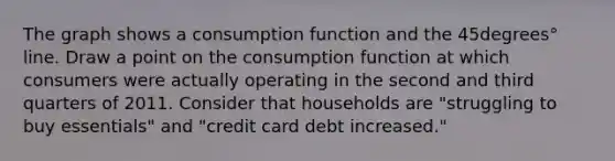 The graph shows a consumption function and the 45degrees° line. Draw a point on the consumption function at which consumers were actually operating in the second and third quarters of 2011. Consider that households are​ "struggling to buy​ essentials" and​ "credit card debt​ increased."