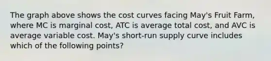 The graph above shows the cost curves facing May's Fruit Farm, where MC is marginal cost, ATC is average total cost, and AVC is average variable cost. May's short-run supply curve includes which of the following points?