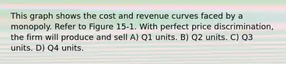 This graph shows the cost and revenue curves faced by a monopoly. Refer to Figure 15-1. With perfect price discrimination, the firm will produce and sell A) Q1 units. B) Q2 units. C) Q3 units. D) Q4 units.