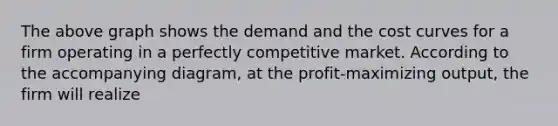 The above graph shows the demand and the cost curves for a firm operating in a perfectly competitive market. According to the accompanying diagram, at the profit-maximizing output, the firm will realize