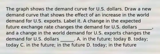 The graph shows the demand curve for U.S. dollars. Draw a new demand curve that shows the effect of an increase in the world demand for U.S. exports. Label it. A change in the expected future exchange rate changes the demand for U.S. dollars​ ______, and a change in the world demand for U.S. exports changes the demand for U.S. dollars​ ______. A. in the​ future; today B. ​today; today C. in the​ future; in the future D. ​today; in the future