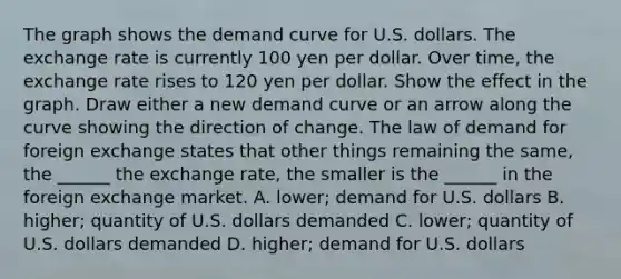 The graph shows the demand curve for U.S. dollars. The exchange rate is currently 100 yen per dollar. Over​ time, the exchange rate rises to 120 yen per dollar. Show the effect in the graph. Draw either a new demand curve or an arrow along the curve showing the direction of change. The law of demand for foreign exchange states that other things remaining the​ same, the​ ______ the exchange​ rate, the smaller is the​ ______ in the foreign exchange market. A. ​lower; demand for U.S. dollars B. ​higher; quantity of U.S. dollars demanded C. ​lower; quantity of U.S. dollars demanded D. ​higher; demand for U.S. dollars