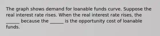 The graph shows demand for loanable funds curve. Suppose the real interest rate rises. When the real interest rate rises​, the​ ______ because the​ ______ is the opportunity cost of loanable funds.