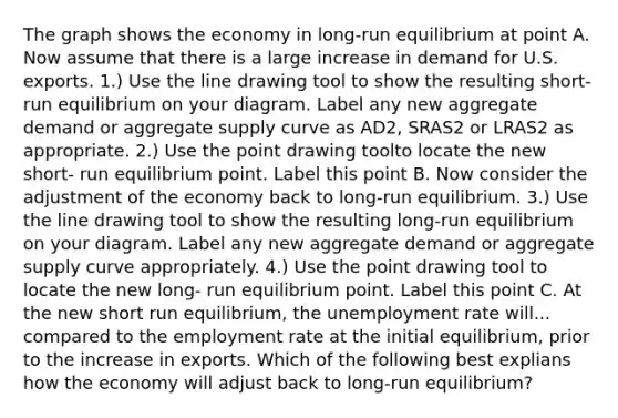 The graph shows the economy in​ long-run equilibrium at point A. Now assume that there is a large increase in demand for U.S. exports. ​1.) Use the line drawing tool to show the resulting​ short-run equilibrium on your diagram. Label any new aggregate demand or aggregate supply curve as AD2​, SRAS2 or LRAS2 as appropriate. ​2.) Use the point drawing toolto locate the new​ short- run equilibrium point. Label this point B. Now consider the adjustment of the economy back to​ long-run equilibrium. ​3.) Use the line drawing tool to show the resulting​ long-run equilibrium on your diagram. Label any new aggregate demand or aggregate supply curve appropriately. ​4.) Use the point drawing tool to locate the new​ long- run equilibrium point. Label this point C. At the new short run​ equilibrium, the unemployment rate will... compared to the employment rate at the initial equilibrium, prior to the increase in exports. Which of the following best explians how the economy will adjust back to long-run equilibrium?