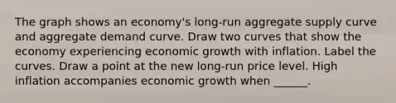 The graph shows an​ economy's long-run aggregate supply curve and aggregate demand curve. Draw two curves that show the economy experiencing economic growth with inflation. Label the curves. Draw a point at the new​ long-run price level. High inflation accompanies economic growth when​ ______.