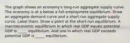 The graph shows an​ economy's long-run aggregate supply curve. The economy is at a below a full​-employment equilibrium. Draw an aggregate demand curve and a​ short-run aggregate supply curve. Label them. Draw a point at the​ short-run equilibrium. A macroeconomic equilibrium in which real GDP equals potential GDP is​ _____ equilibrium. And one in which real GDP exceeds potential GDP is​ _____ equilibrium.