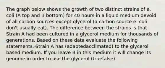 The graph below shows the growth of two distinct strains of e. coli (A top and B bottom) for 40 hours in a liquid medium devoid of all carbon sources except glycerol (a carbon source e. coli don't usually eat). The difference between the strains is that Strain A had been cultured in a glycerol medium for thousands of generations. Based on these data evaluate the following statements. Strain A has (adaptedacclimated) to the glycerol based medium. If you leave B in this medium it will change its genome in order to use the glycerol (truefalse)