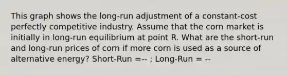 This graph shows the long-run adjustment of a constant-cost perfectly competitive industry. Assume that the corn market is initially in long-run equilibrium at point R. What are the short-run and long-run prices of corn if more corn is used as a source of alternative energy? Short-Run =-- ; Long-Run = --