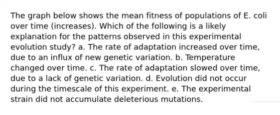 The graph below shows the mean fitness of populations of E. coli over time (increases). Which of the following is a likely explanation for the patterns observed in this experimental evolution study? a. The rate of adaptation increased over time, due to an influx of new genetic variation. b. Temperature changed over time. c. The rate of adaptation slowed over time, due to a lack of genetic variation. d. Evolution did not occur during the timescale of this experiment. e. The experimental strain did not accumulate deleterious mutations.