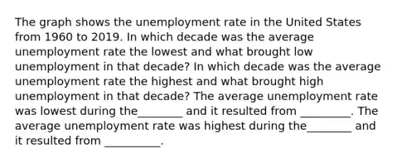 The graph shows the unemployment rate in the United States from 1960 to 2019. In which decade was the average unemployment rate the lowest and what brought low unemployment in that​ decade? In which decade was the average unemployment rate the highest and what brought high unemployment in that​ decade? The average unemployment rate was lowest during the________ and it resulted from _________. The average unemployment rate was highest during the________ and it resulted from __________.