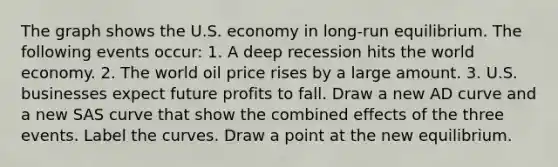 The graph shows the U.S. economy in​ long-run equilibrium. The following events​ occur: 1. A deep recession hits the world economy. 2. The world oil price rises by a large amount. 3. U.S. businesses expect future profits to fall. Draw a new AD curve and a new SAS curve that show the combined effects of the three events. Label the curves. Draw a point at the new equilibrium.