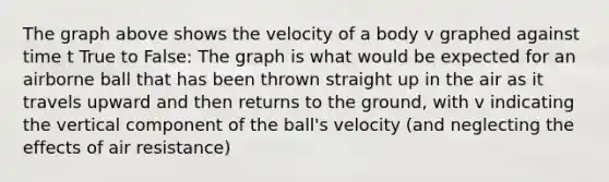 The graph above shows the velocity of a body v graphed against time t True to False: The graph is what would be expected for an airborne ball that has been thrown straight up in the air as it travels upward and then returns to the ground, with v indicating the vertical component of the ball's velocity (and neglecting the effects of air resistance)