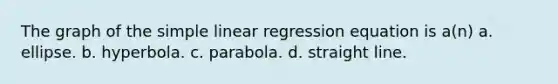 The graph of the simple linear regression equation is a(n) a. ellipse. b. hyperbola. c. parabola. d. straight line.