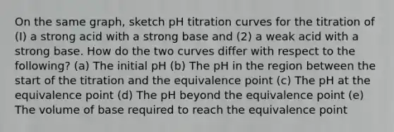 On the same graph, sketch pH titration curves for the titration of (I) a strong acid with a strong base and (2) a weak acid with a strong base. How do the two curves differ with respect to the following? (a) The initial pH (b) The pH in the region between the start of the titration and the equivalence point (c) The pH at the equivalence point (d) The pH beyond the equivalence point (e) The volume of base required to reach the equivalence point